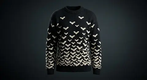 Bat Colony — A swarm of knitted bats, sparse at the shoulders, dense at the hem.