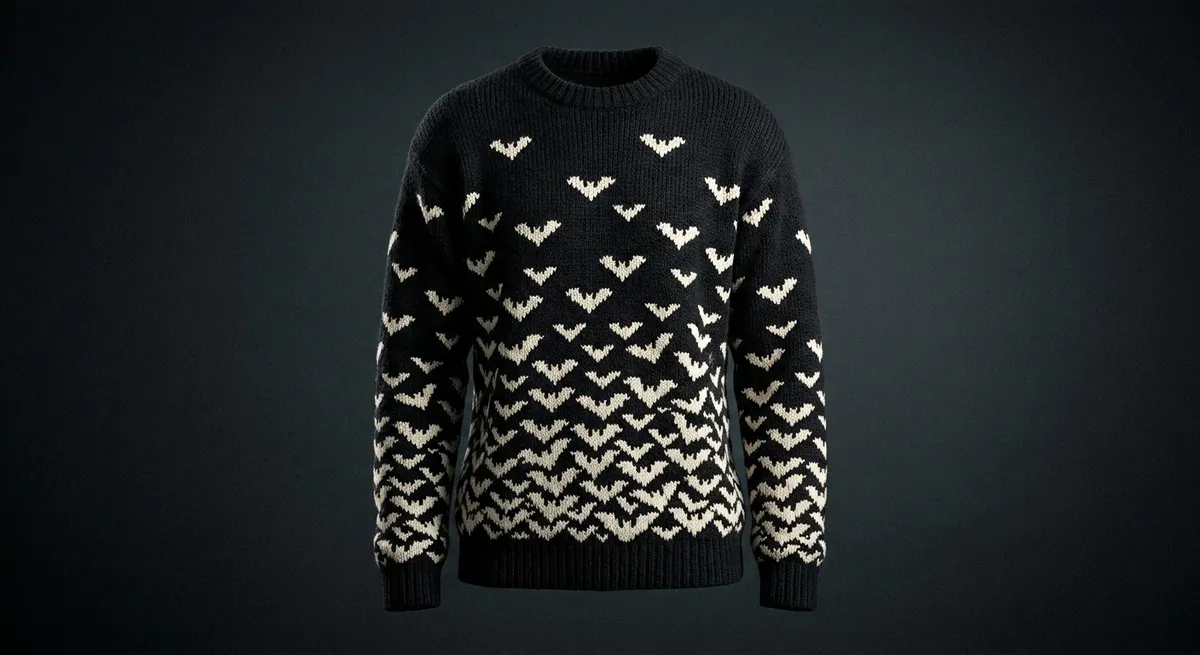 Bat Colony · A swarm of knitted bats, sparse at the shoulders, dense at the hem.