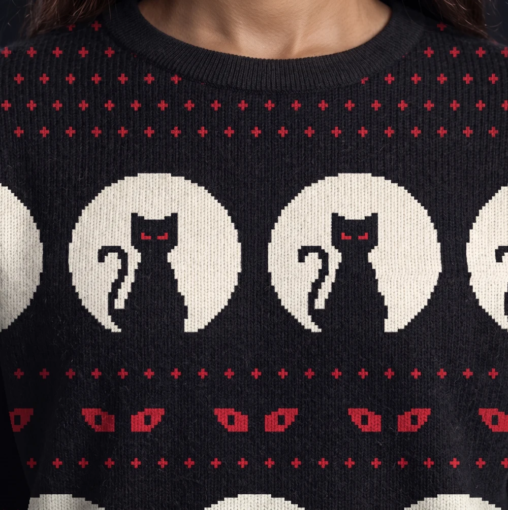 Black Cat Omen — close-up of the knitted jacquard motif