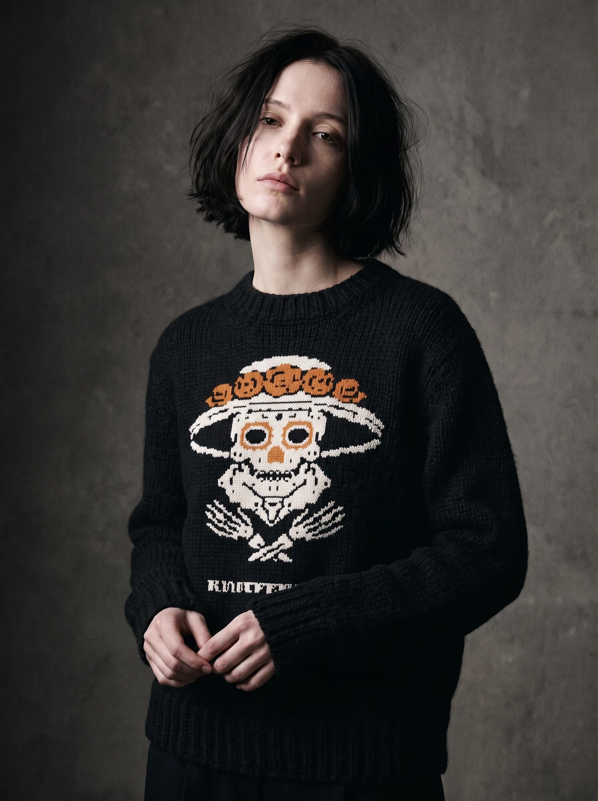 La Catrina · The elegant dead: a sugar skull under a marigold-crowned hat.