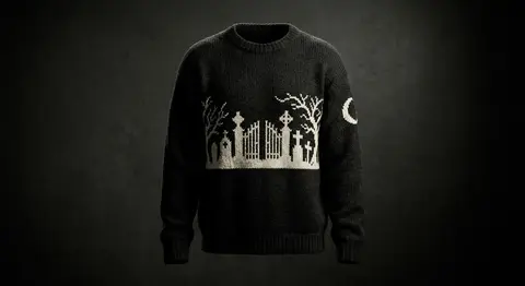 Cemetery Row — A graveyard skyline banded around the chest, crescent moon on the sleeve.