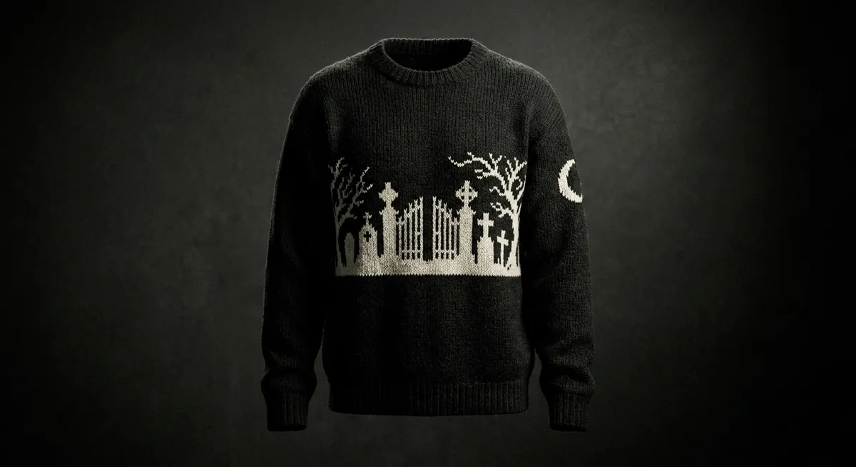 Cemetery Row · A graveyard skyline banded around the chest, crescent moon on the sleeve.