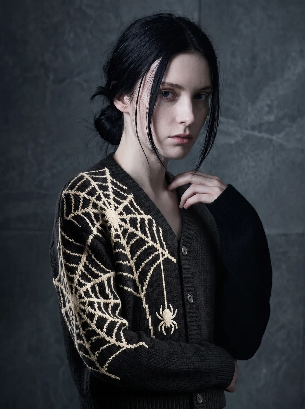 Cobweb Cardigan worn, from the Knitferatu campaign
