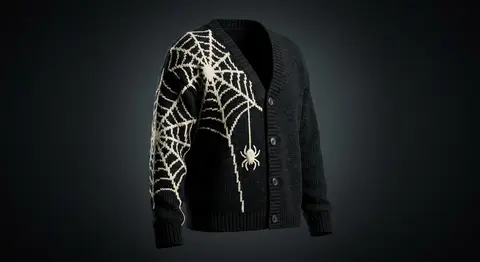 Cobweb Cardigan — A spider web spun from the shoulder, one spider descending.
