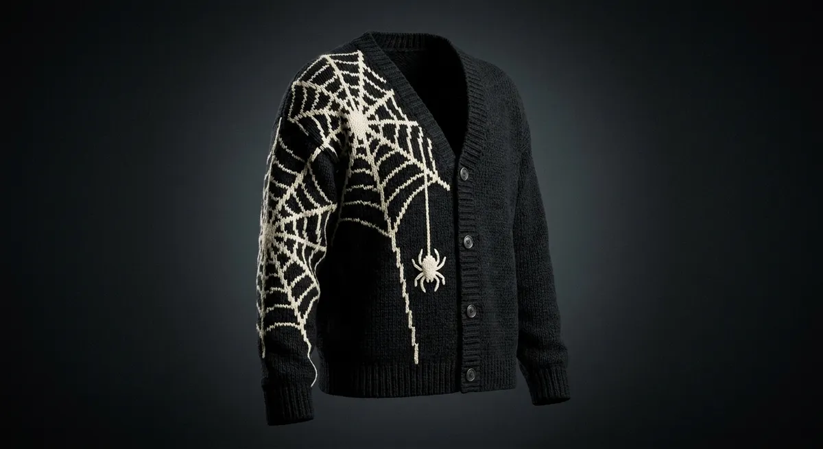 Cobweb Cardigan · A spider web spun from the shoulder, one spider descending.