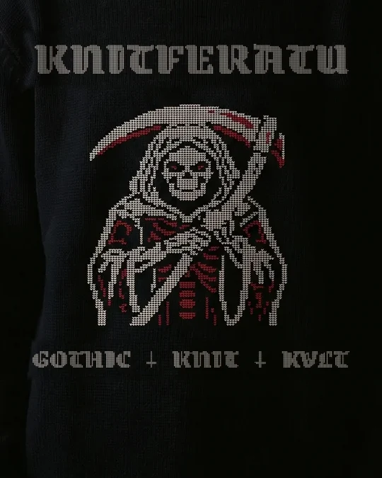 The same chart knitted into the finished sweater: bone-white and blood-red yarn carried through black wool