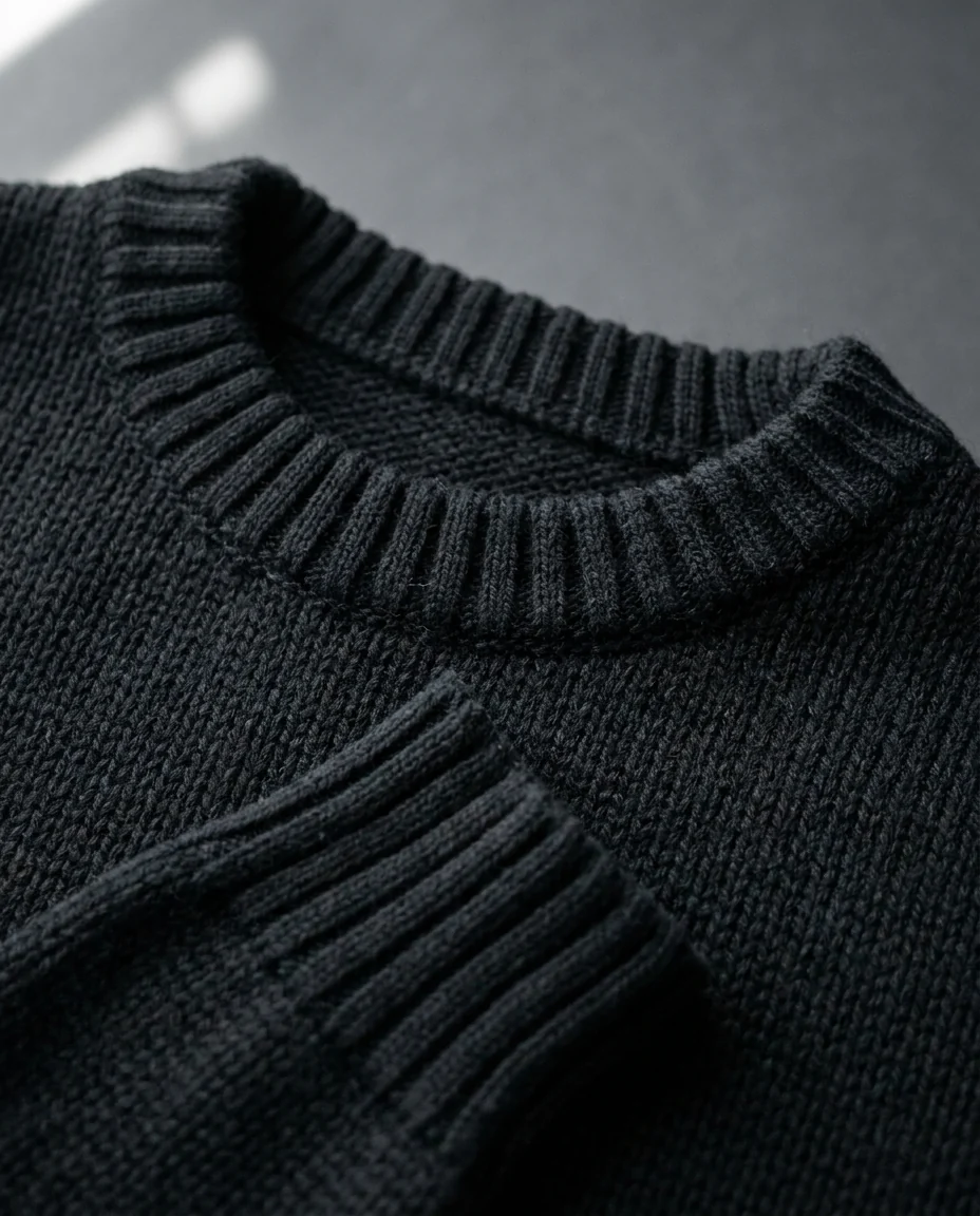 Close-up of the ribbed collar and cuff of a finished Knitferatu piece