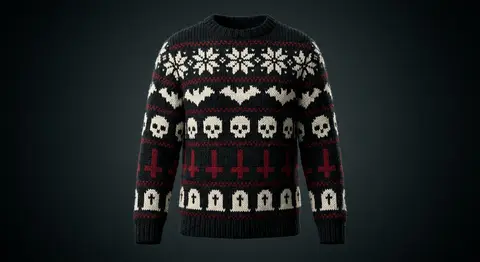 Grave Xmas — The goth ugly Christmas sweater: tombstones, bats and inverted holly.