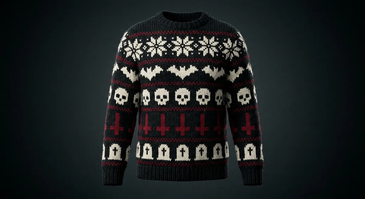 Grave Xmas · The goth ugly Christmas sweater: tombstones, bats and inverted holly.