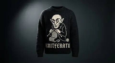 Knitferatu Kvlt — The manifesto piece: Count Orlok, knitting. Blackletter wordmark.