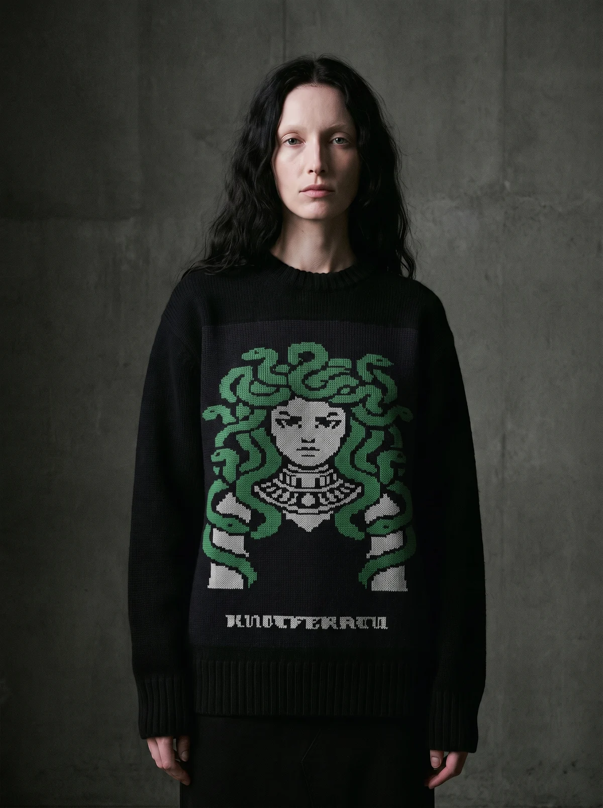 Medusa · The Gorgon, bone-white with a crown of living emerald snakes.