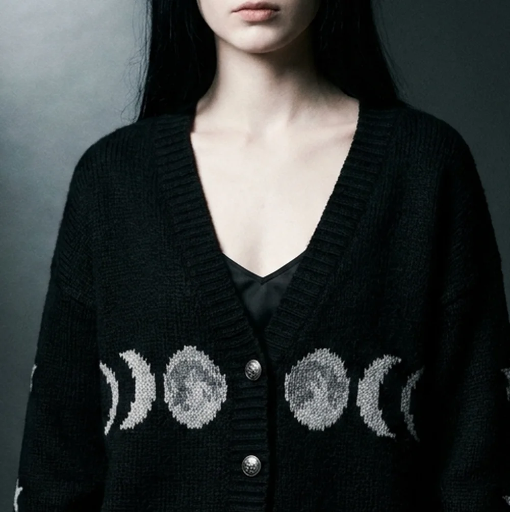 Moon Phases Cardigan — close-up of the knitted jacquard motif