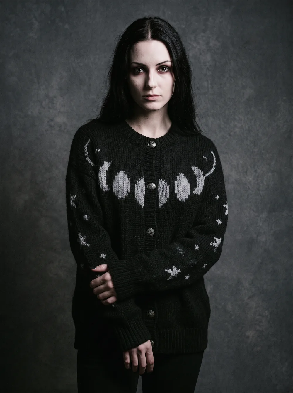 Moon Phases Cardigan worn, from the Knitferatu campaign