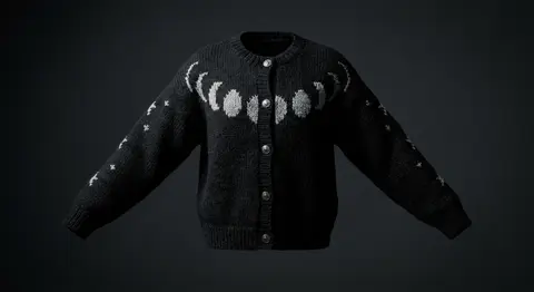 Moon Phases Cardigan — Silver moon phases across the chest, stars down the sleeves.