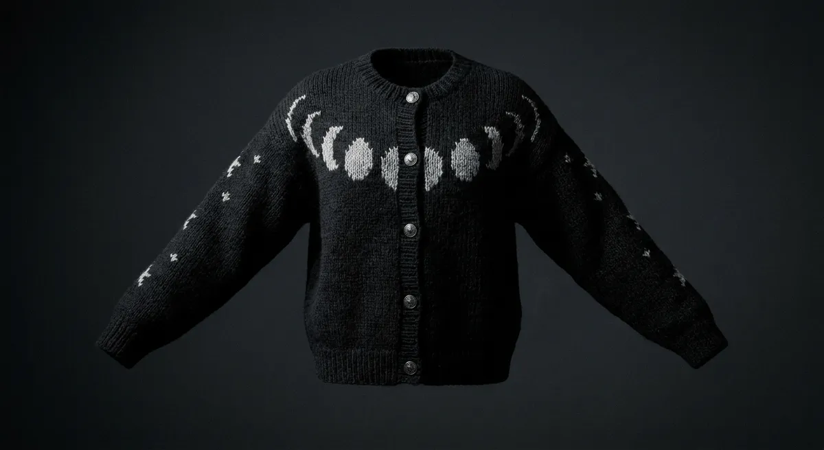 Moon Phases Cardigan · Silver moon phases across the chest, stars down the sleeves.