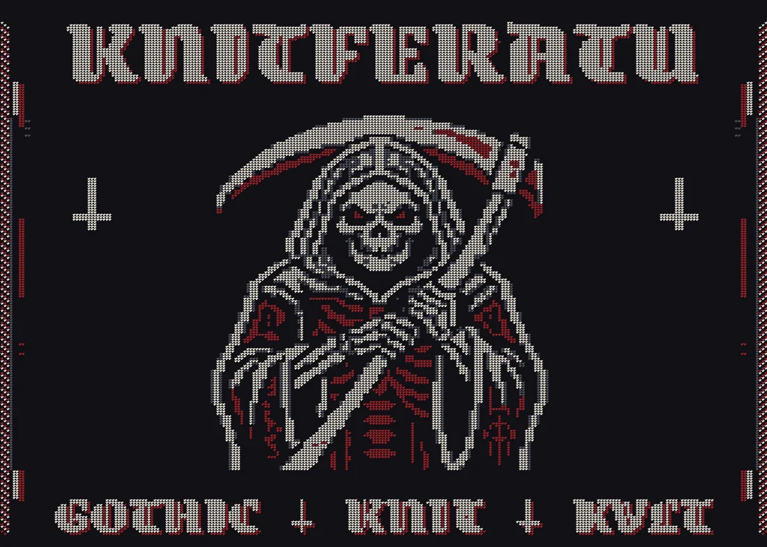 Knitting chart for the Red Reaper sweater: the KNITFERATU wordmark in blackletter above a hooded reaper with a scythe, and the line GOTHIC KNIT KVLT below, drawn stitch by stitch