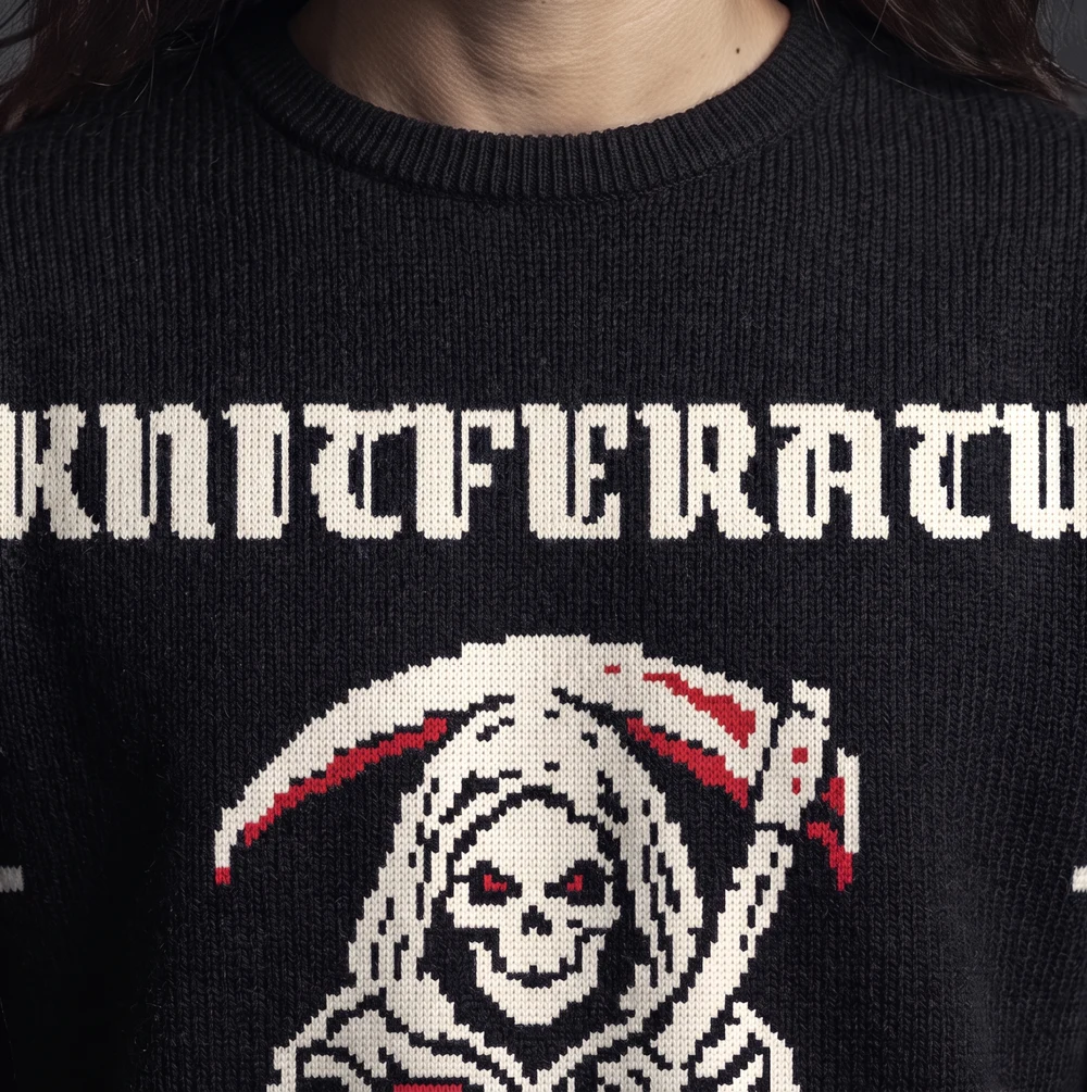 The Red Reaper — close-up of the knitted jacquard motif