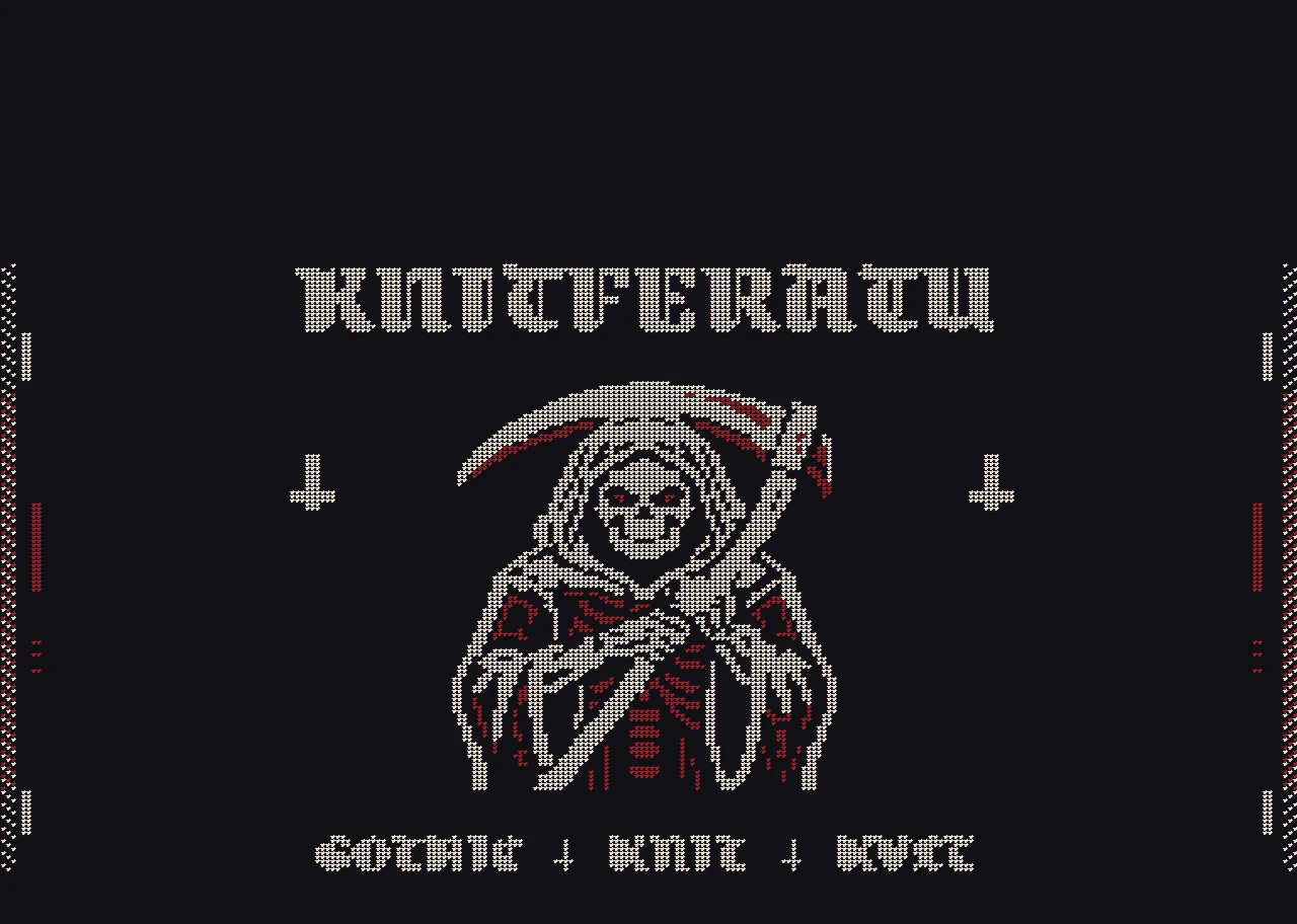 The Red Reaper, macro of the knitted jacquard stitches