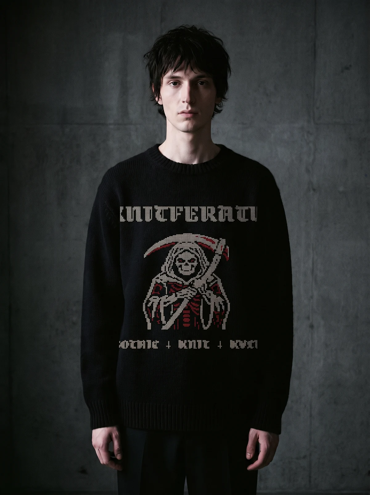 The Red Reaper · The reaper, knitted in bone and blood red into heavyweight black wool.