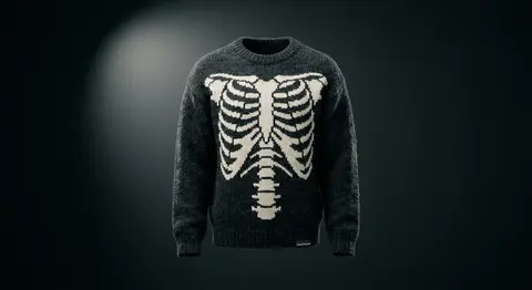 The Ribcage — Bone-white ribcage and spine, knitted stitch by stitch into black wool.