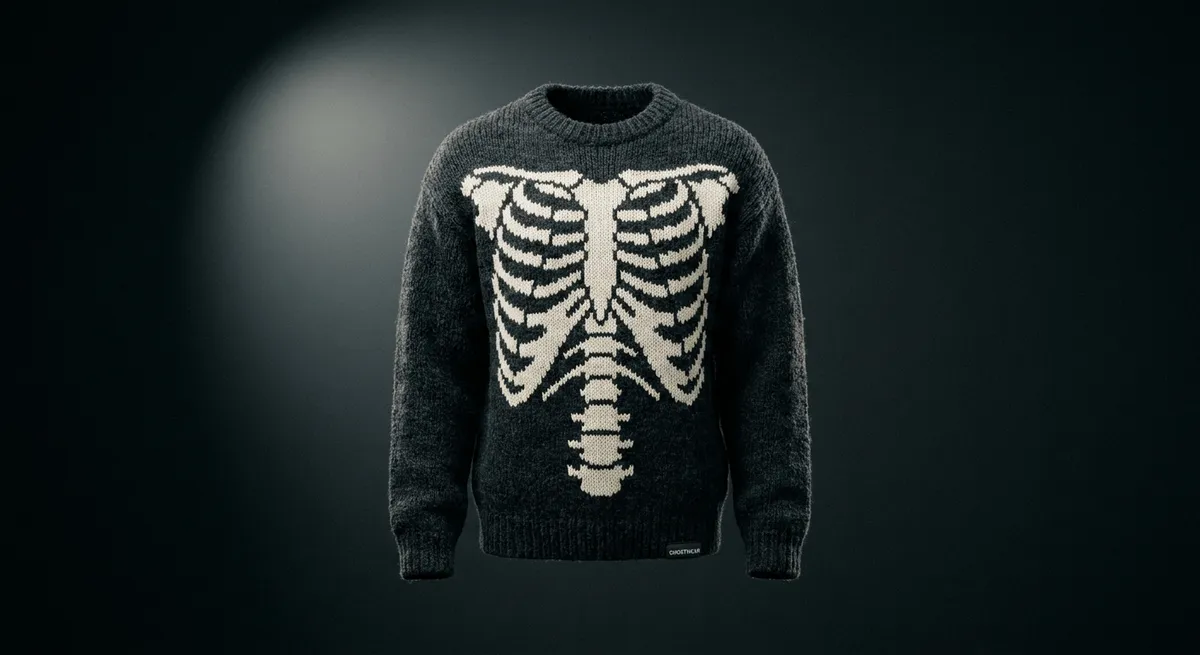 The Ribcage · Bone-white ribcage and spine, knitted stitch by stitch into black wool.