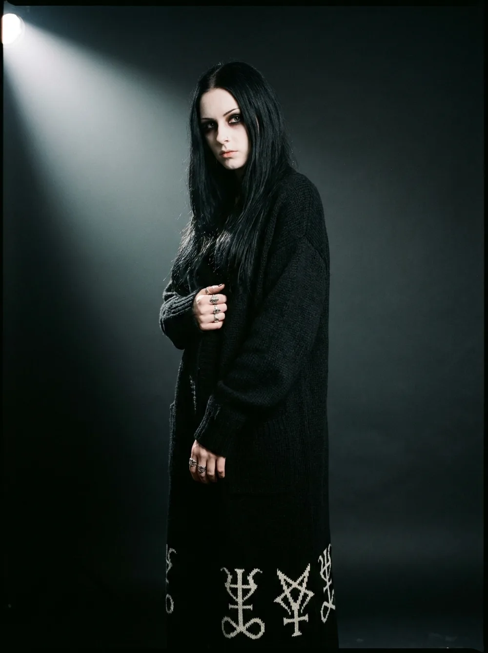 Strega Duster · Long witchy duster: asymmetric hem, shawl collar, mixed stitches.