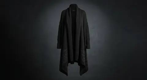 Strega Duster — Long witchy duster: asymmetric hem, shawl collar, mixed stitches.