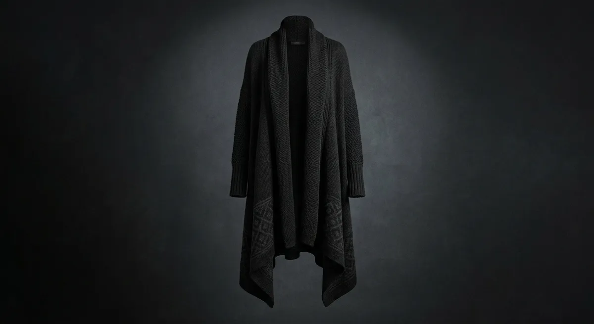 Strega Duster · Long witchy duster: asymmetric hem, shawl collar, mixed stitches.